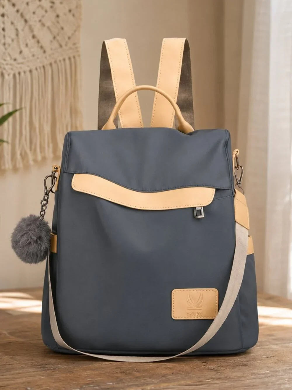 Convertible Nylon Backpack Purse Anti Theft Charcoal Gray Beige Pom Pom Travel
